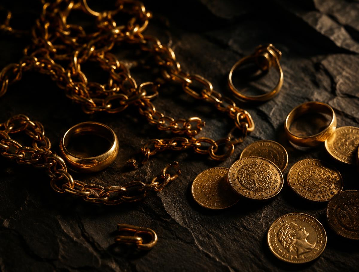 Broken gold chains, rings and gold coins